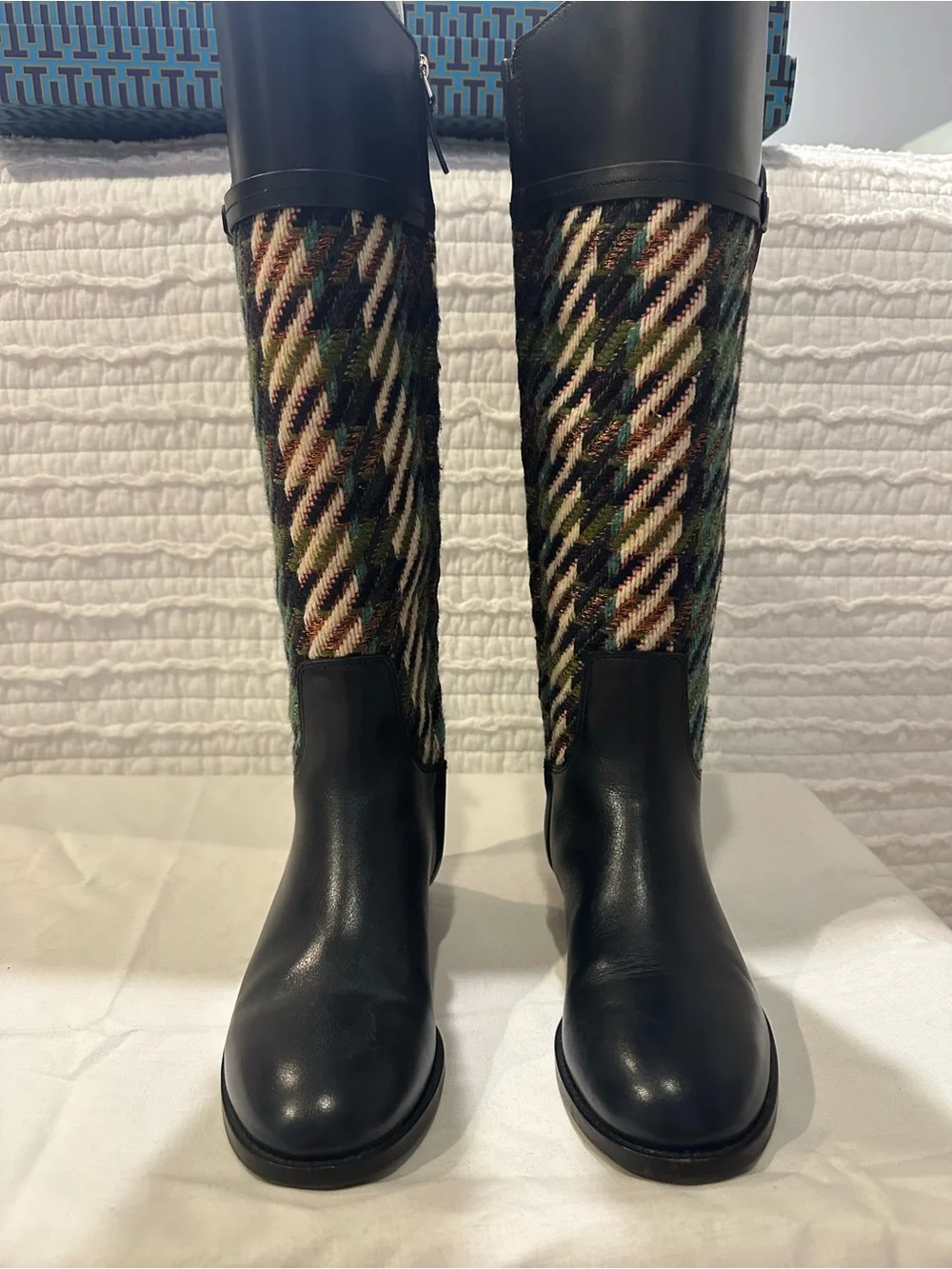Tory Burch Miller Riding Boot & Purse Navy/Green Dogtooth Tweed Size 7 (SET)